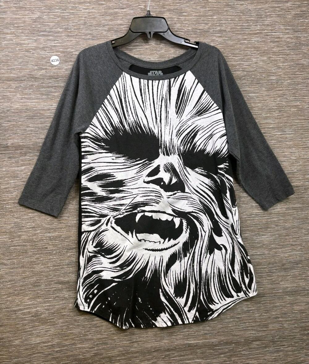 Star Wars Raglan Baseball T Shirt Chewbacca 3/4 Sleeve Crew Neck Gray Black Sz M
